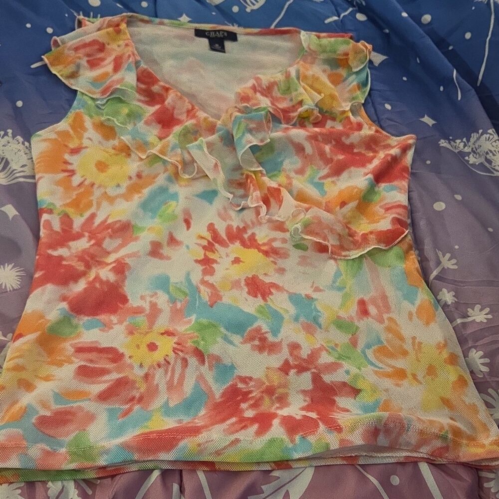 Chaps Women's Multicolor Neon Floral Mesh Sleeveless Ruffle V-Neck Blouse M